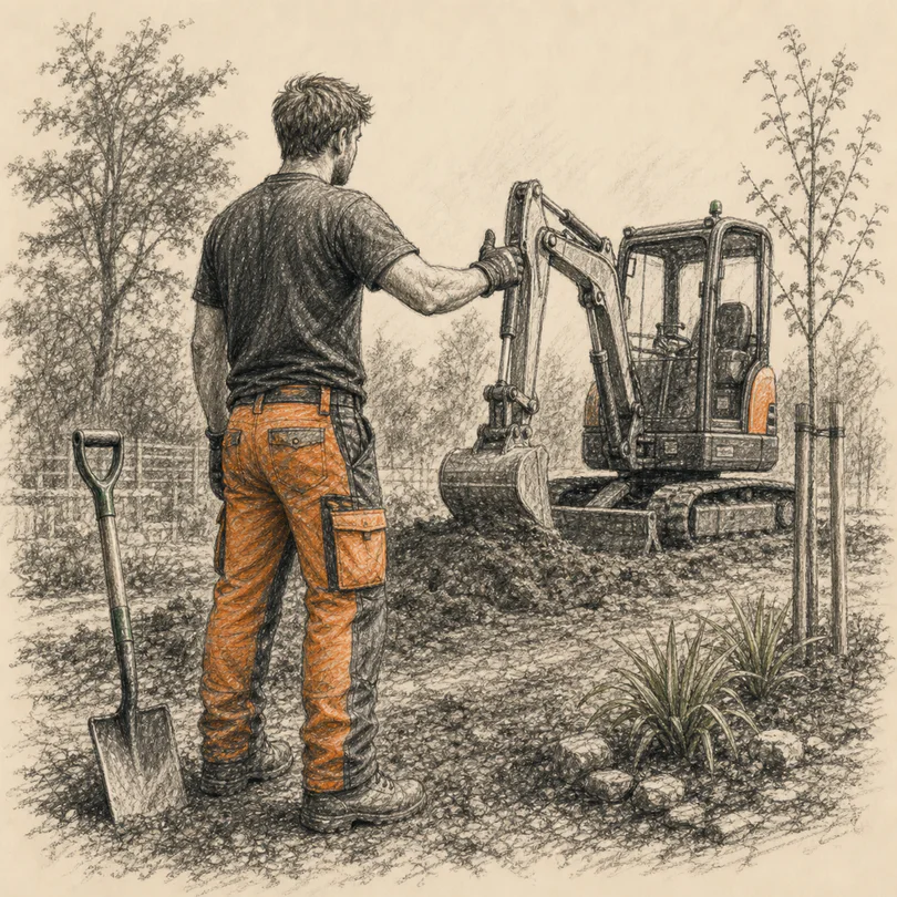 Jacob supporting ground preparation beside an excavator
