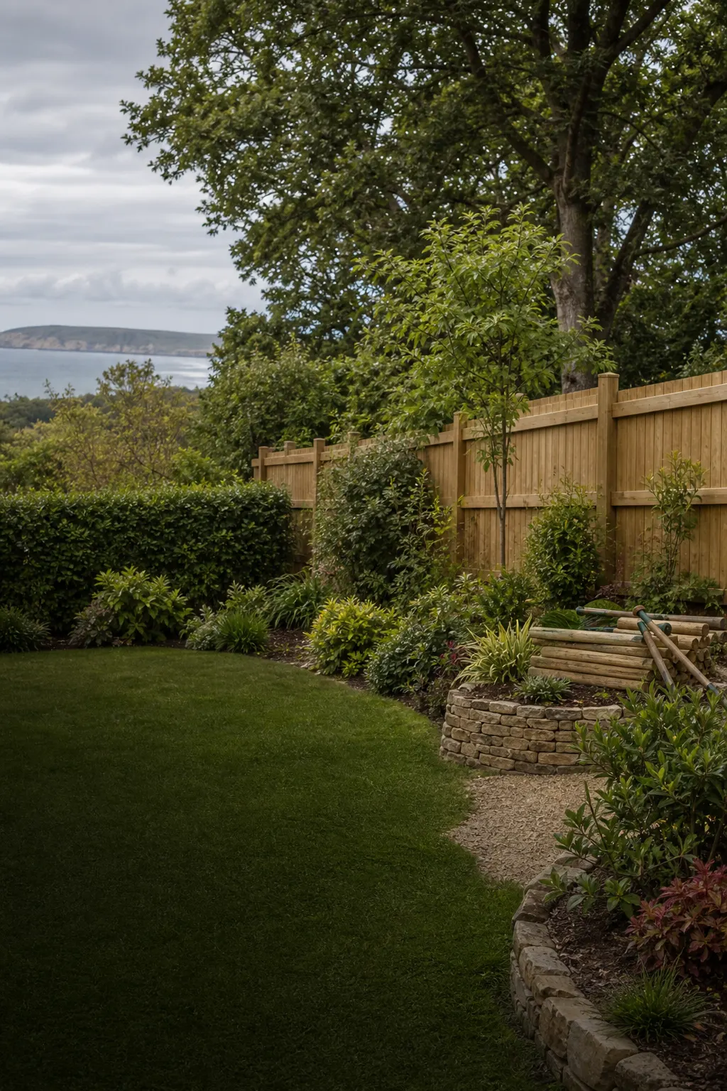 Managed garden planting and trees with the coast beyond